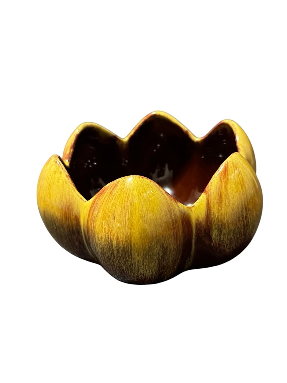 VTG Blue Mountain Pottery Lotus Planter Golden Harvest Drip BMP Ceramic Bowl MCM